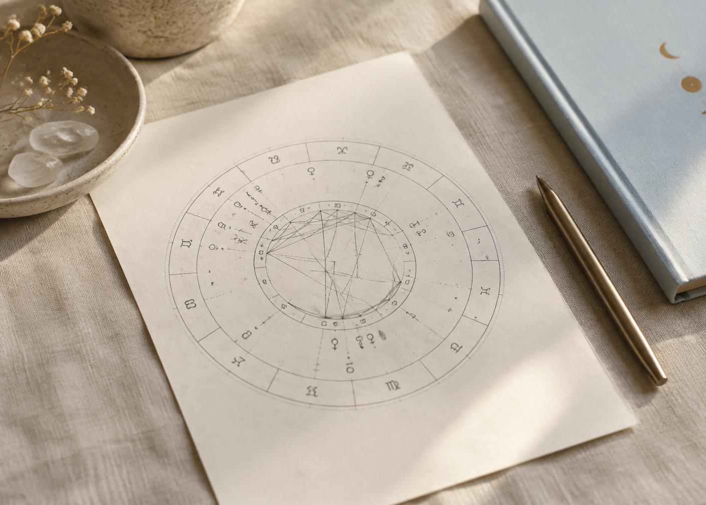 Geboortechart op warm papier naast een pen